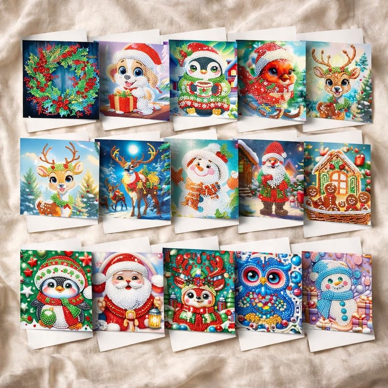 DIY Diamond Art Christmas Cards, Festive Holiday Craft Greeting Set (Includes Envelopes)