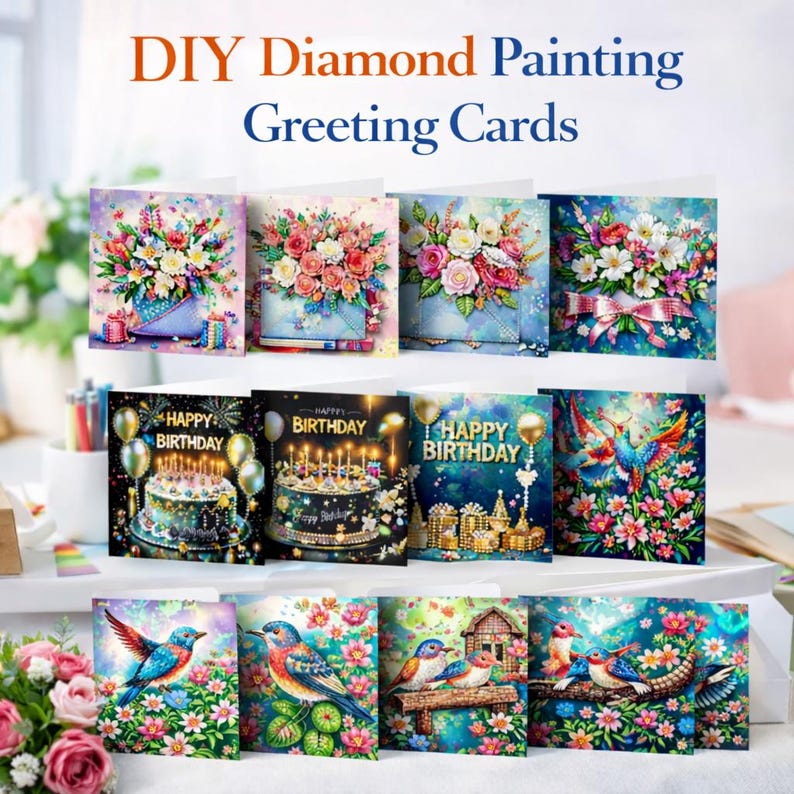 DIY Diamond Art Christmas Cards, Festive Holiday Craft Greeting Set (Includes Envelopes)