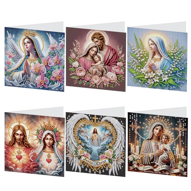 Christian Diamond Painting Greeting Cards Set, Religious DIY Craft Kit, Virgin Mary Cross Easter