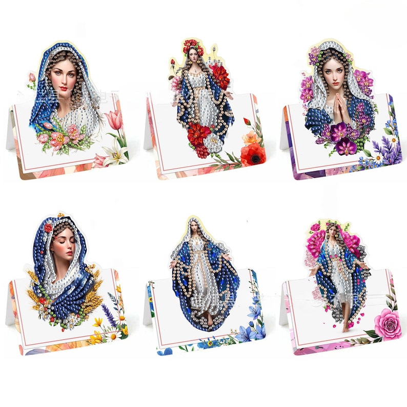 Christian Diamond Painting Greeting Cards Set, Religious DIY Craft Kit, Virgin Mary Cross Easter