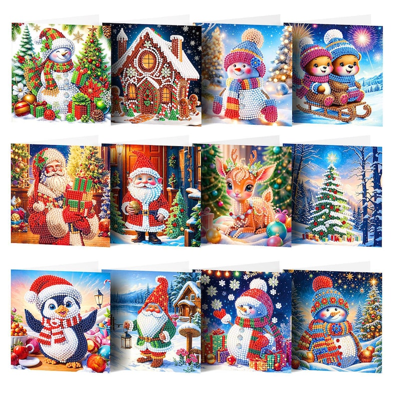 DIY Diamond Art Christmas Cards, Festive Holiday Craft Greeting Set (Includes Envelopes)