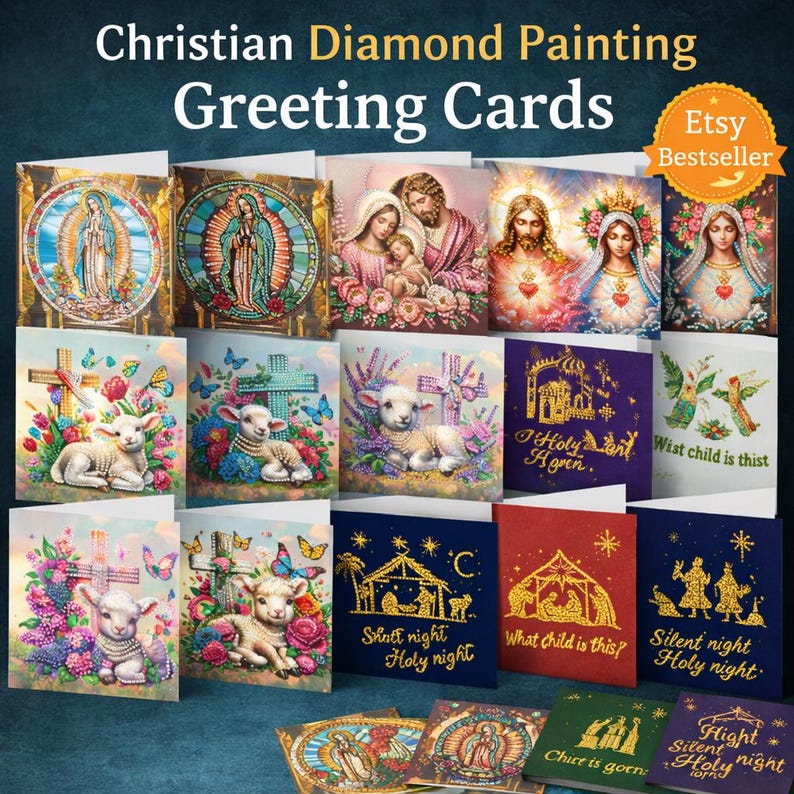 Christian Diamond Painting Greeting Cards Set, Religious DIY Craft Kit, Virgin Mary Cross Easter
