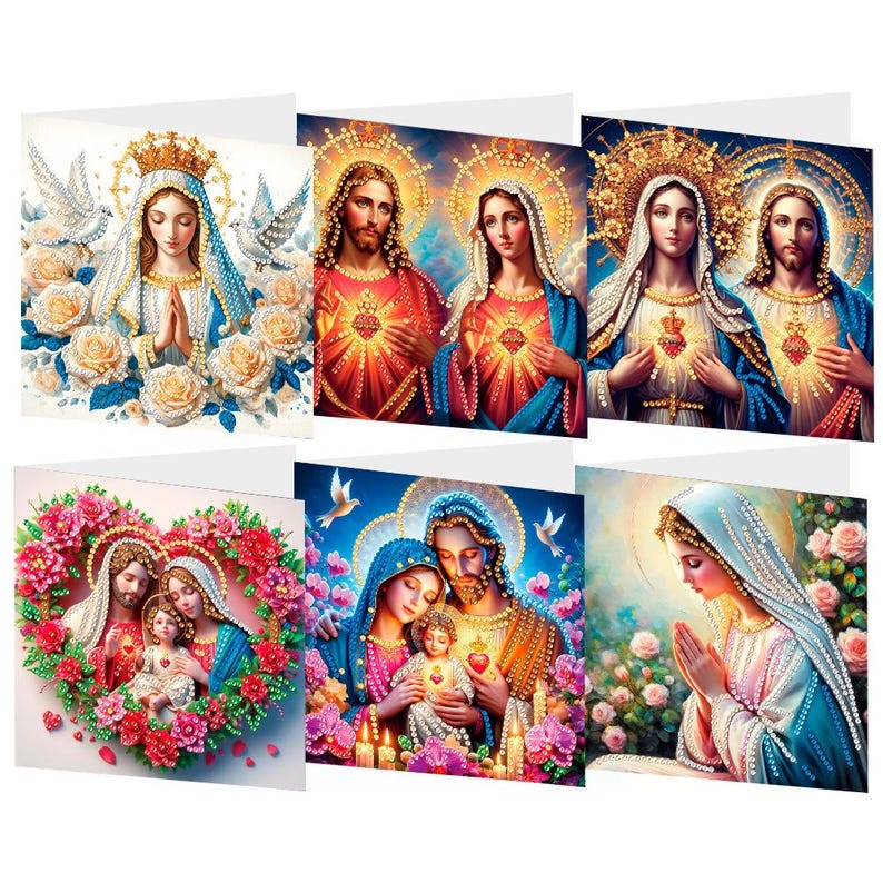 Christian Diamond Painting Greeting Cards Set, Religious DIY Craft Kit, Virgin Mary Cross Easter