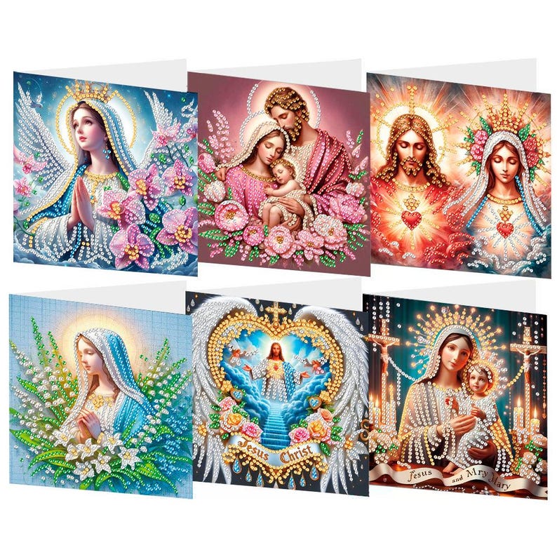 Christian Diamond Painting Greeting Cards Set, Religious DIY Craft Kit, Virgin Mary Cross Easter