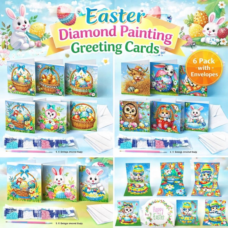 Christian Diamond Painting Greeting Cards Set, Religious DIY Craft Kit, Virgin Mary Cross Easter