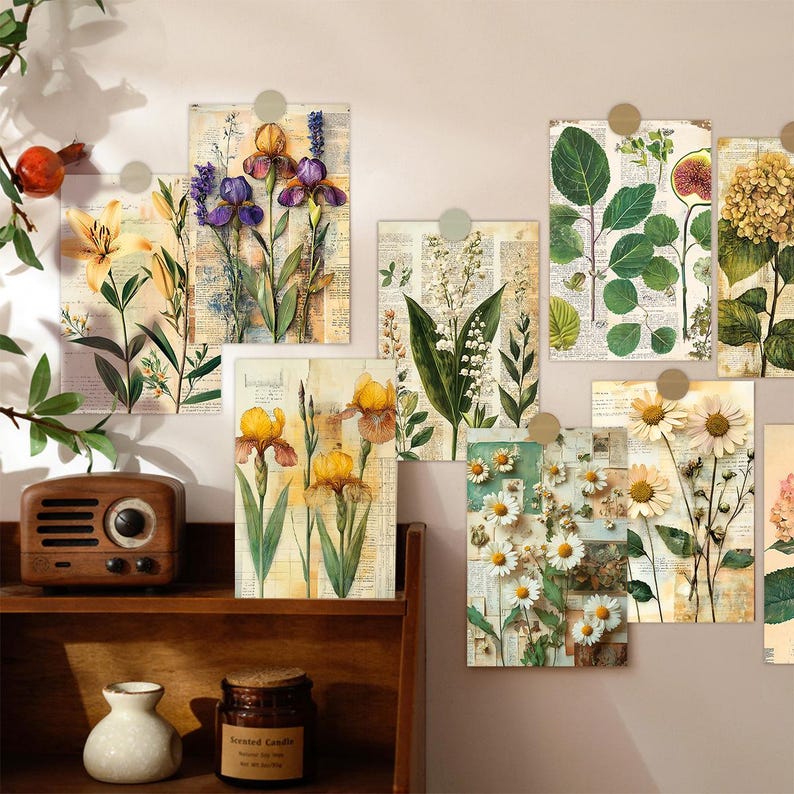 Vintage Botanical Postcard Set, 30 Floral Collage Cards, Nature Ephemera Journaling Decor