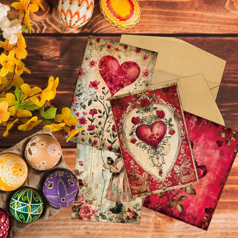 Vintage Valentine Cards Set, Romantic Heart Floral Greetings, Shabby Chic Collage (6 Cards)