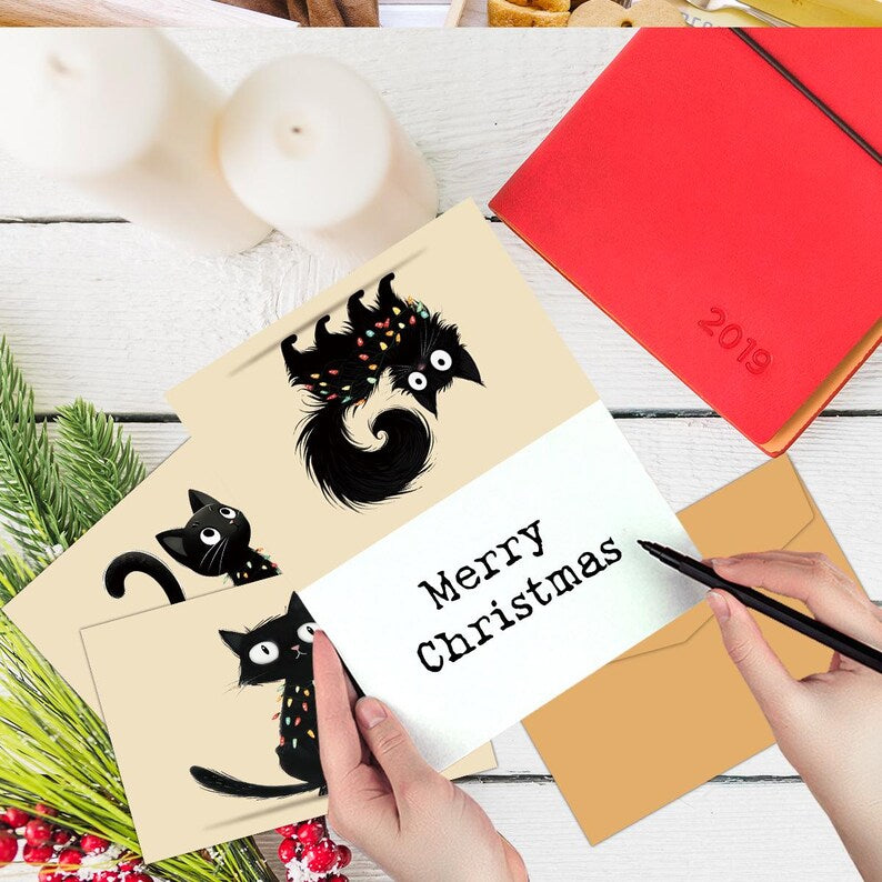 Black Cat Christmas Lights Card Set, Cozy Funny Feline Greeting Cards