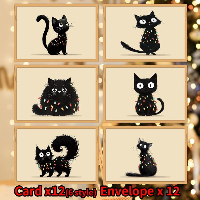 Black Cat Christmas Lights Card Set, Cozy Funny Feline Greeting Cards