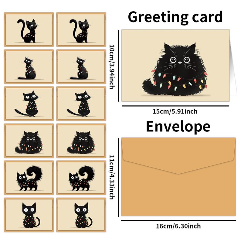 Black Cat Christmas Lights Card Set, Cozy Funny Feline Greeting Cards