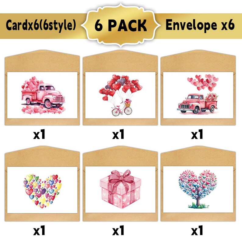 Set of 6 Romantic Valentine Cards, Watercolor Heart & Floral Designs, Anniversary Love Notes