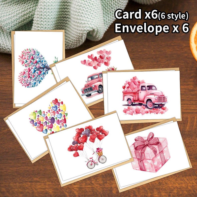 Set of 6 Romantic Valentine Cards, Watercolor Heart & Floral Designs, Anniversary Love Notes