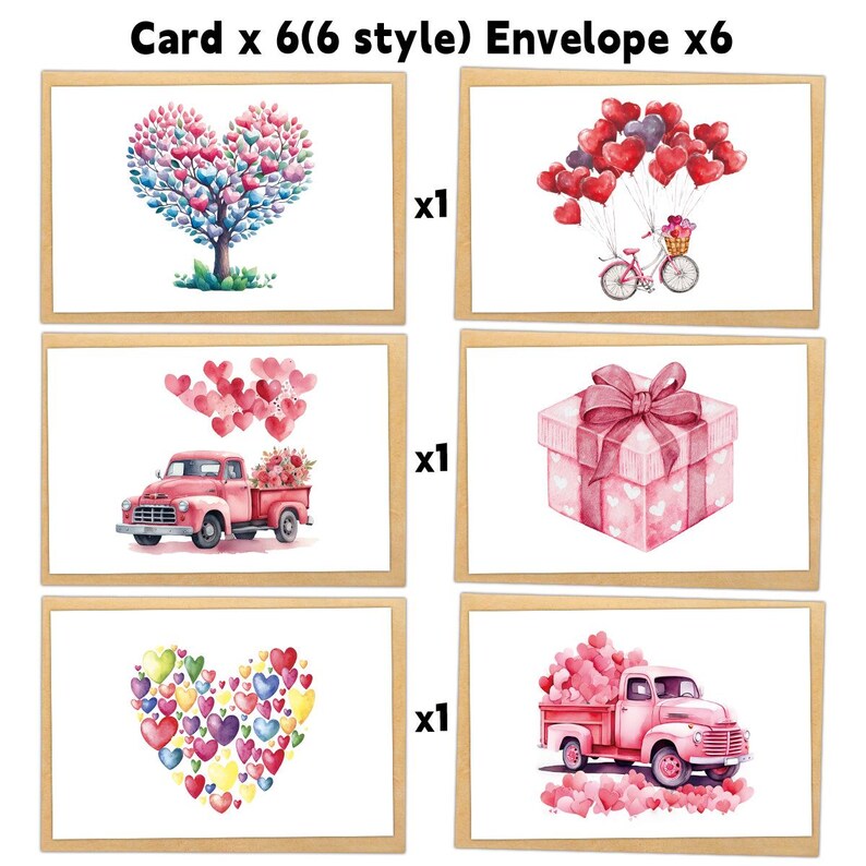 Set of 6 Romantic Valentine Cards, Watercolor Heart & Floral Designs, Anniversary Love Notes