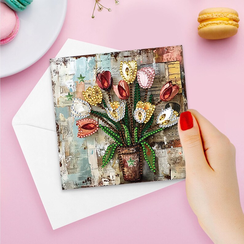 Diamond Painting Greeting Cards, Floral Tulips, Special Shape Drills (Set of 6)
