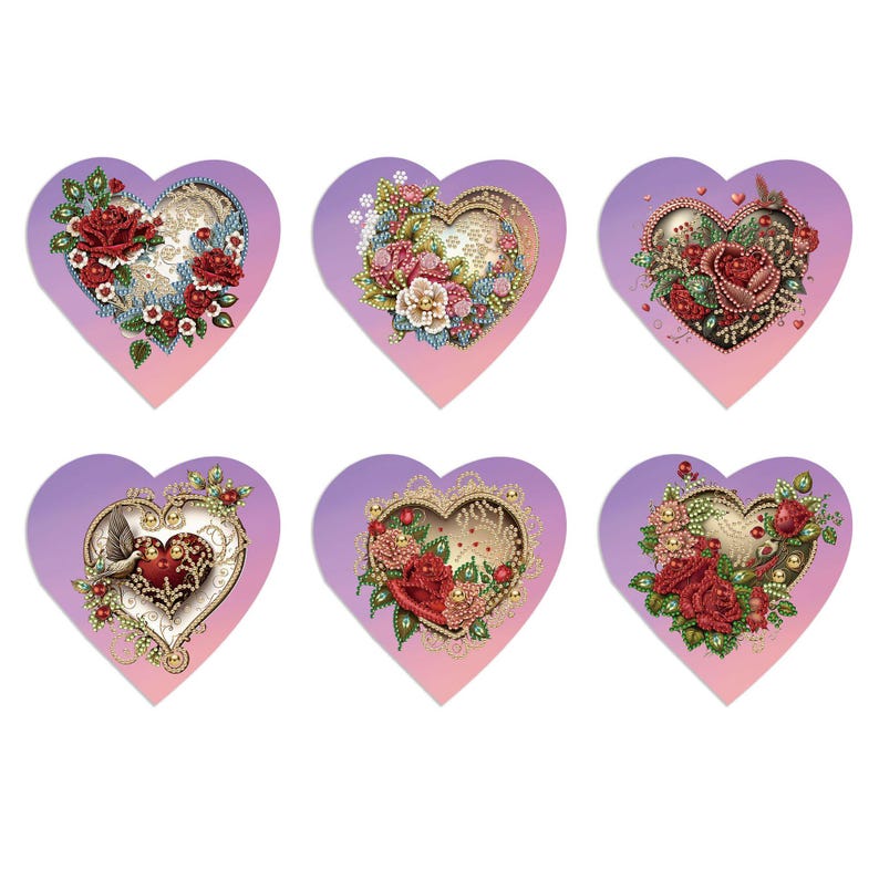 Heart Diamond Painting Cards, Rhinestone Art Kit, Valentine Love Greeting Cards (Set of 6)