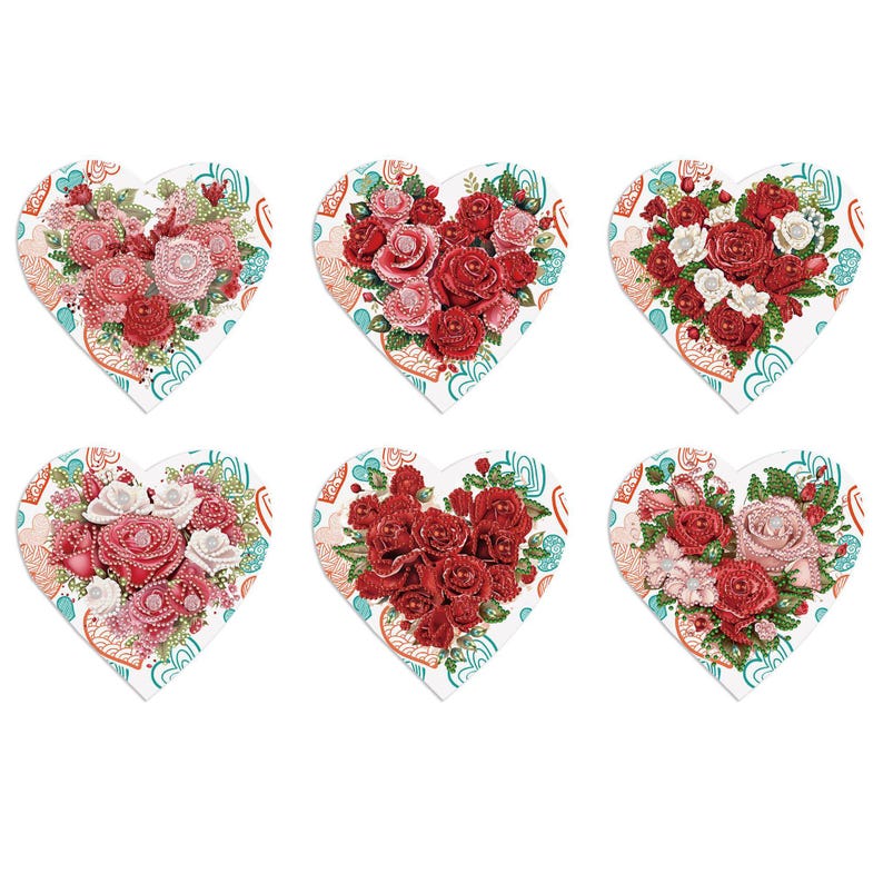 Heart Diamond Painting Cards, Rhinestone Art Kit, Valentine Love Greeting Cards (Set of 6)