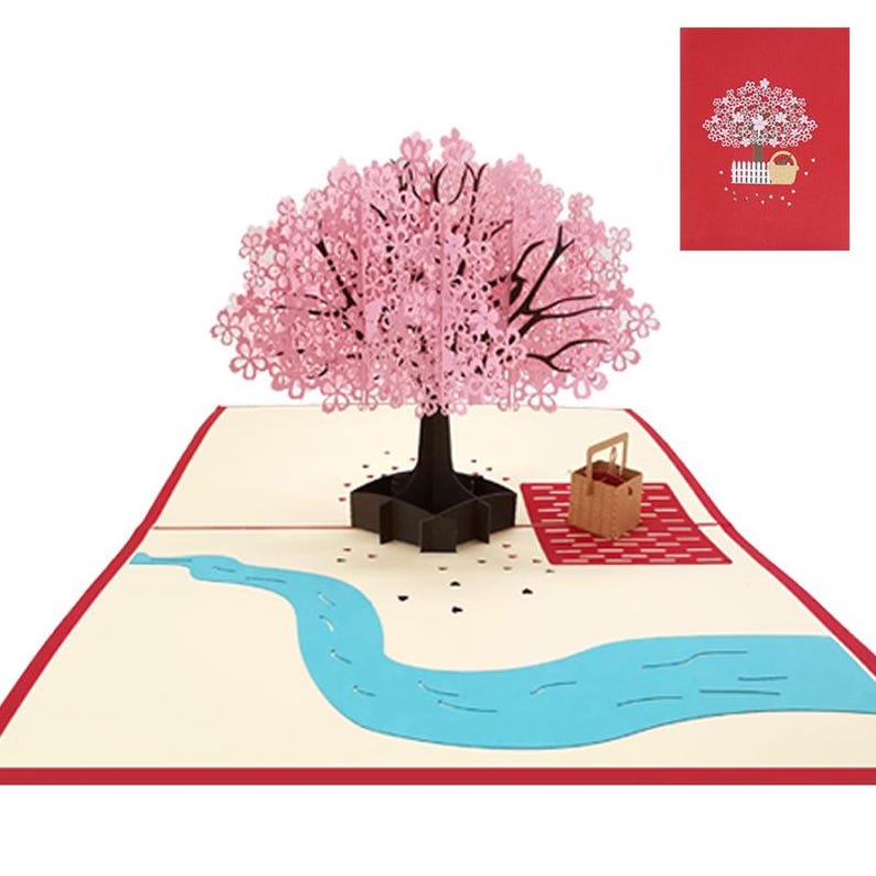Cherry Blossom Pop Up Card, Romantic Sakura Couple Scene, Anniversary Love Note Paper Greeting