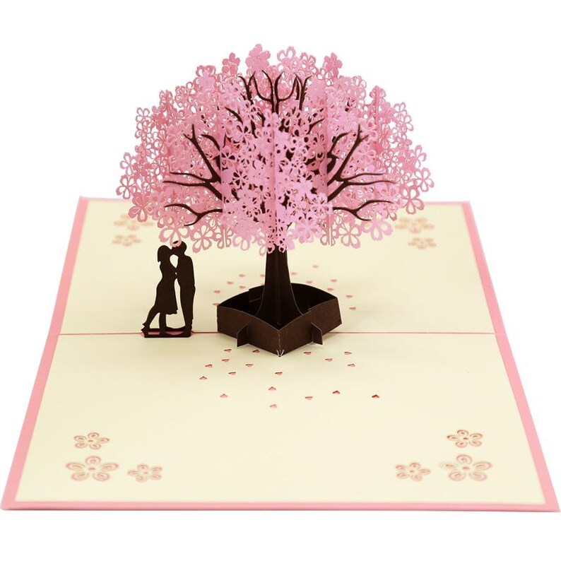 Cherry Blossom Pop Up Card, Romantic Sakura Couple Scene, Anniversary Love Note Paper Greeting