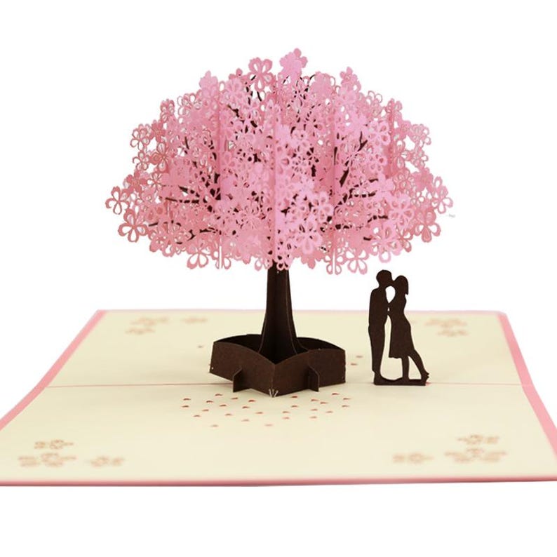 Cherry Blossom Pop Up Card, Romantic Sakura Couple Scene, Anniversary Love Note Paper Greeting