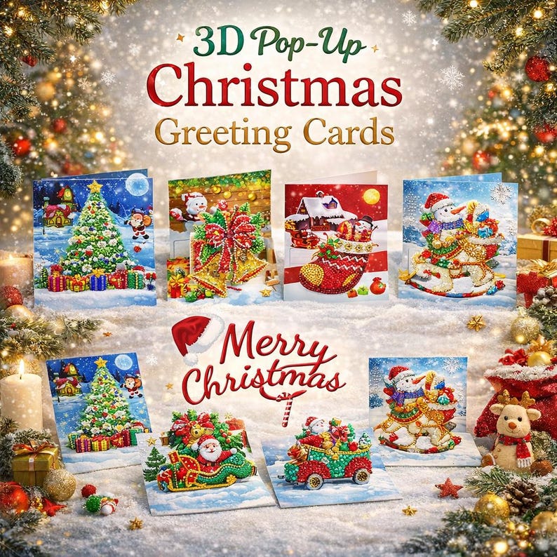 DIY Diamond Art Christmas Cards, Festive Holiday Craft Greeting Set (Includes Envelopes)