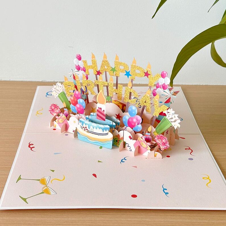 3D Birthday Pop Up Card: Festive Cake, Balloons, Gifts – Keepsake Decor