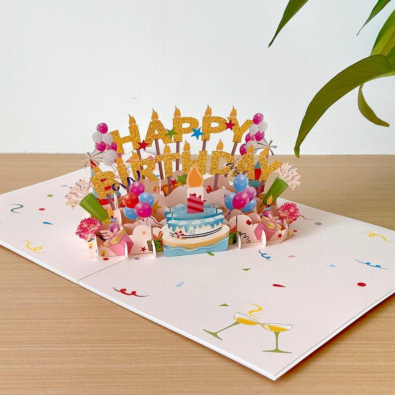 3D Birthday Pop Up Card: Festive Cake, Balloons, Gifts – Keepsake Decor
