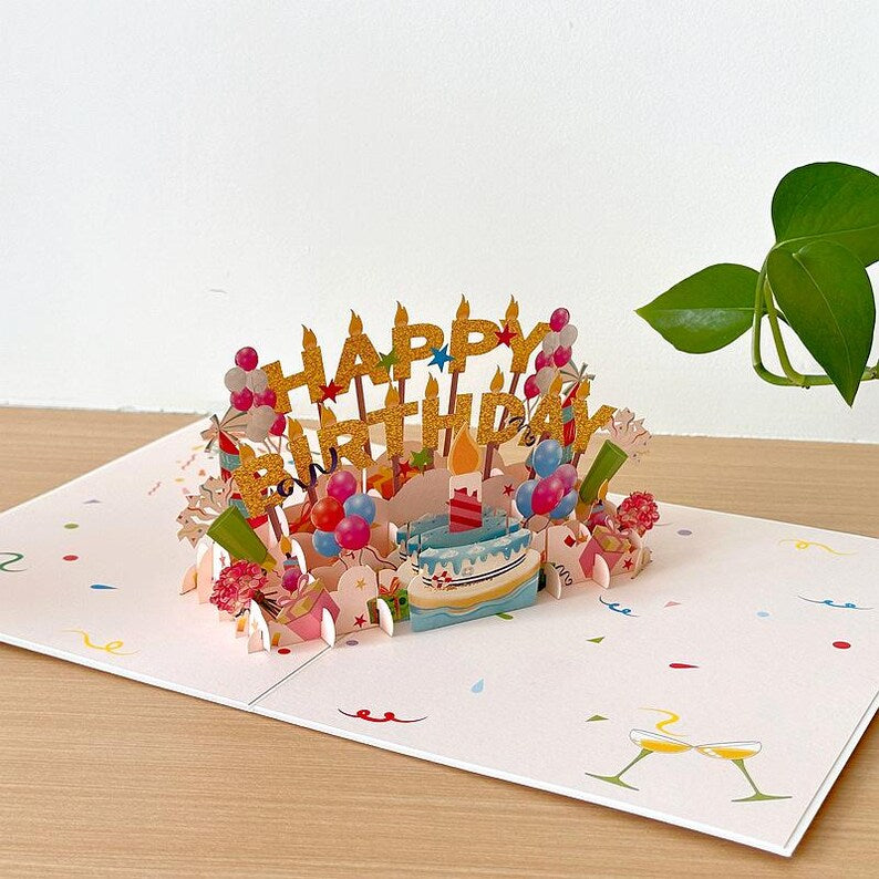 3D Birthday Pop Up Card: Festive Cake, Balloons, Gifts – Keepsake Decor