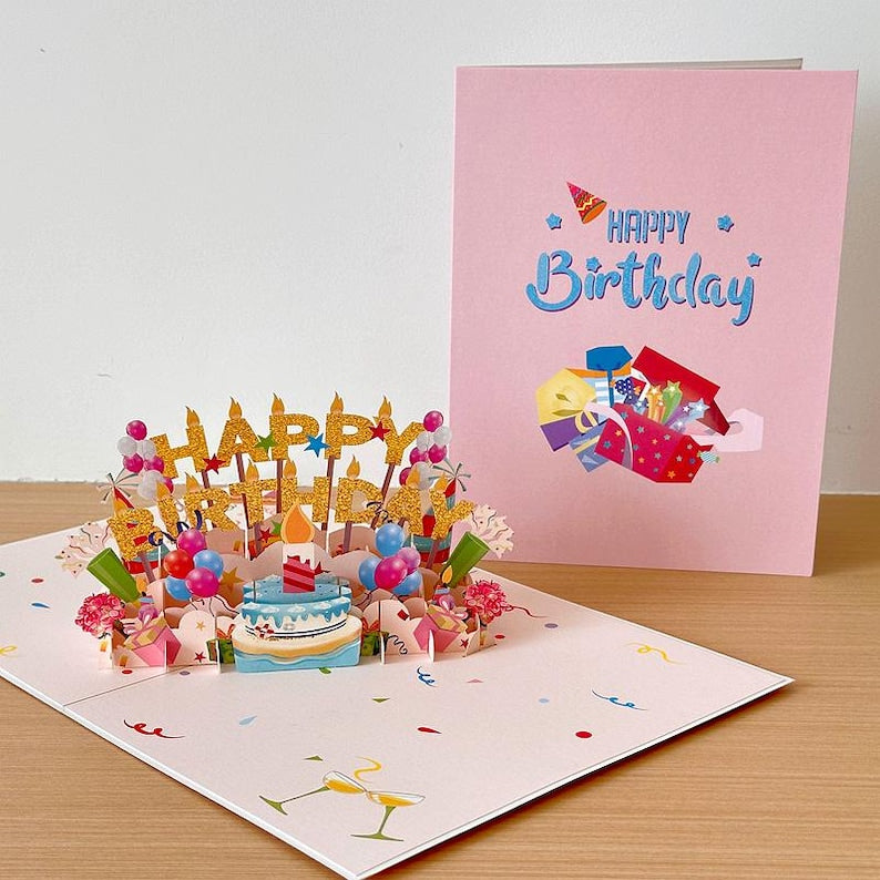 3D Birthday Pop Up Card: Festive Cake, Balloons, Gifts – Keepsake Decor