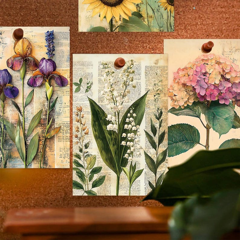 Vintage Botanical Postcard Set, 30 Floral Collage Cards, Nature Ephemera Journaling Decor