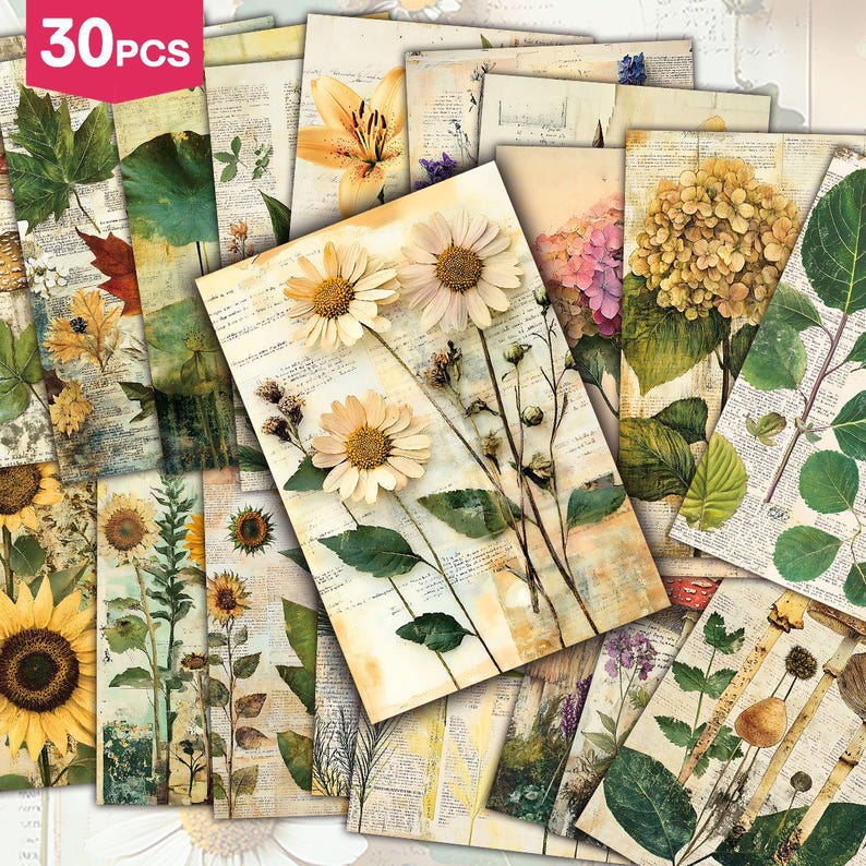 Vintage Botanical Postcard Set, 30 Floral Collage Cards, Nature Ephemera Journaling Decor