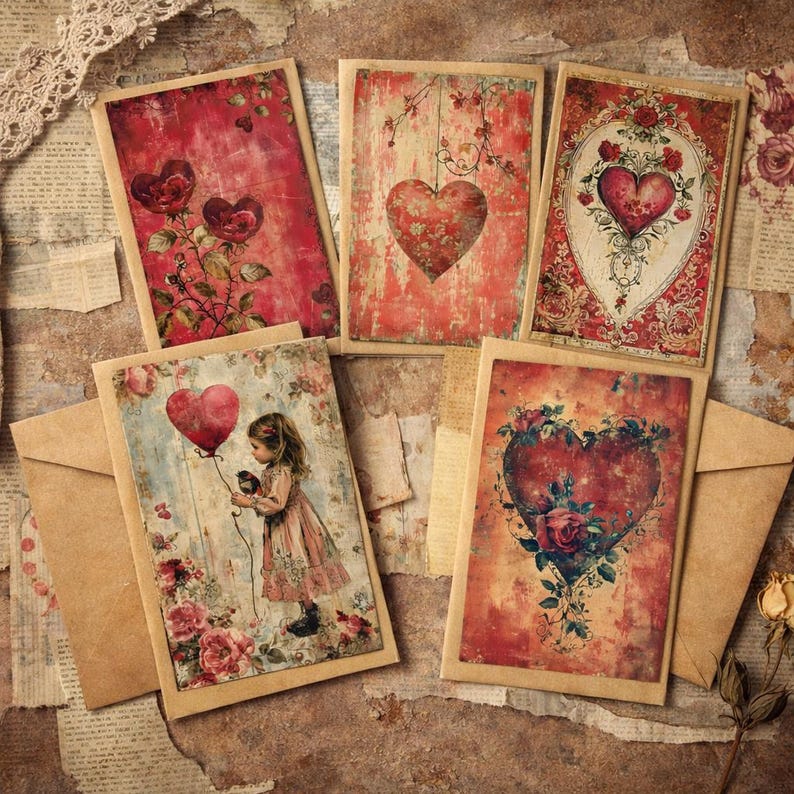 Vintage Valentine Cards Set, Romantic Heart Floral Greetings, Shabby Chic Collage (6 Cards)