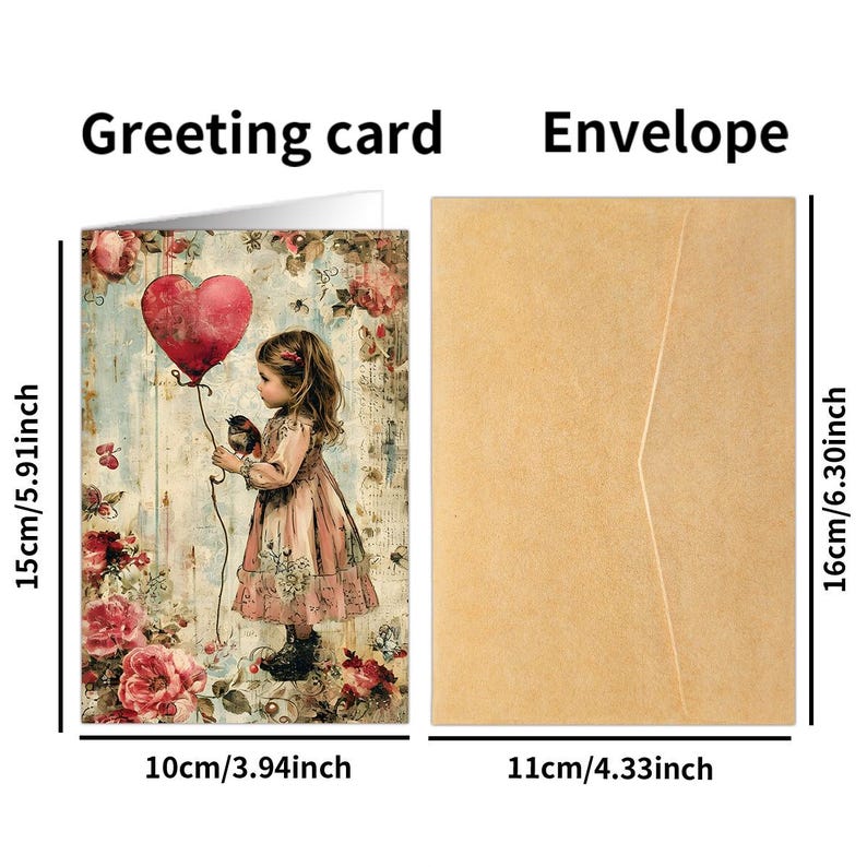 Vintage Valentine Cards Set, Romantic Heart Floral Greetings, Shabby Chic Collage (6 Cards)