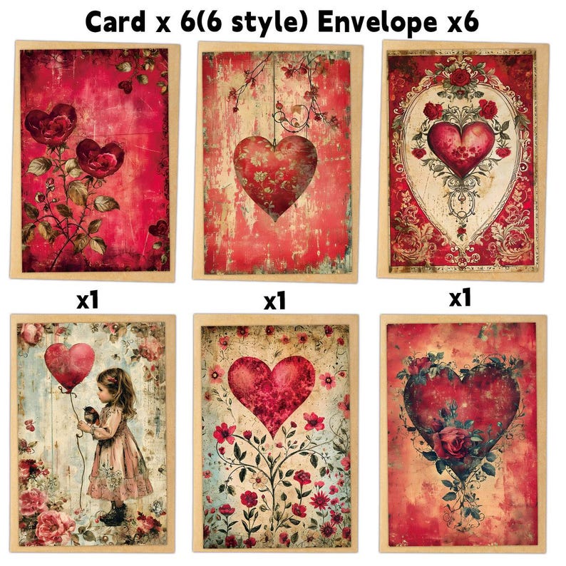 Vintage Valentine Cards Set, Romantic Heart Floral Greetings, Shabby Chic Collage (6 Cards)