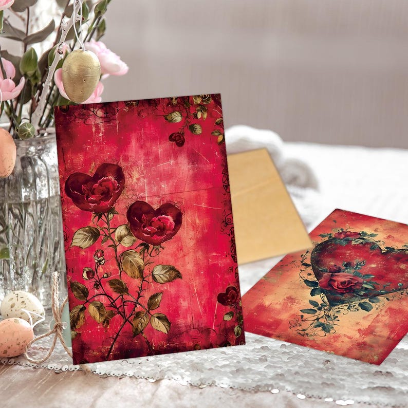 Vintage Valentine Cards Set, Romantic Heart Floral Greetings, Shabby Chic Collage (6 Cards)