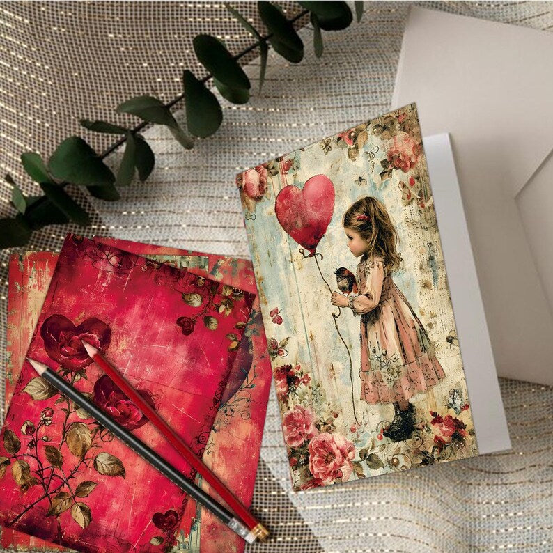 Vintage Valentine Cards Set, Romantic Heart Floral Greetings, Shabby Chic Collage (6 Cards)