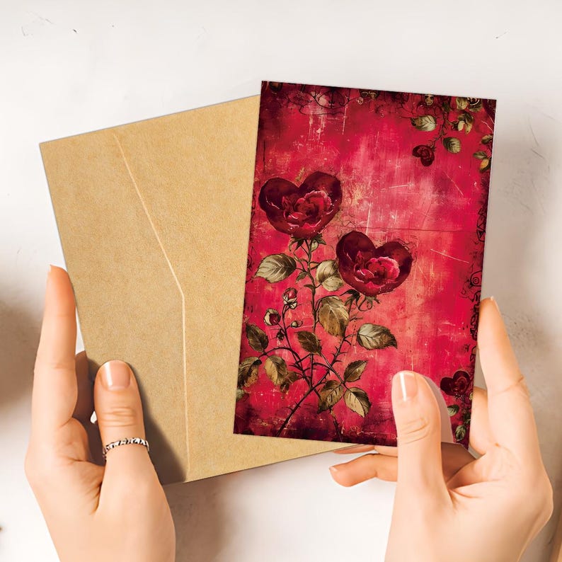 Vintage Valentine Cards Set, Romantic Heart Floral Greetings, Shabby Chic Collage (6 Cards)