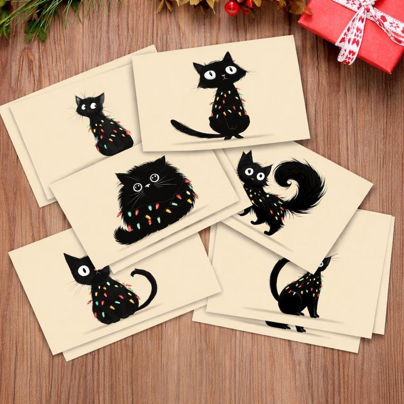 Black Cat Christmas Lights Card Set, Cozy Funny Feline Greeting Cards