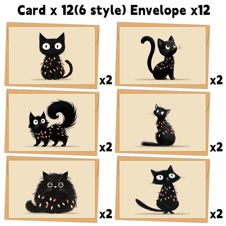 Black Cat Christmas Lights Card Set, Cozy Funny Feline Greeting Cards