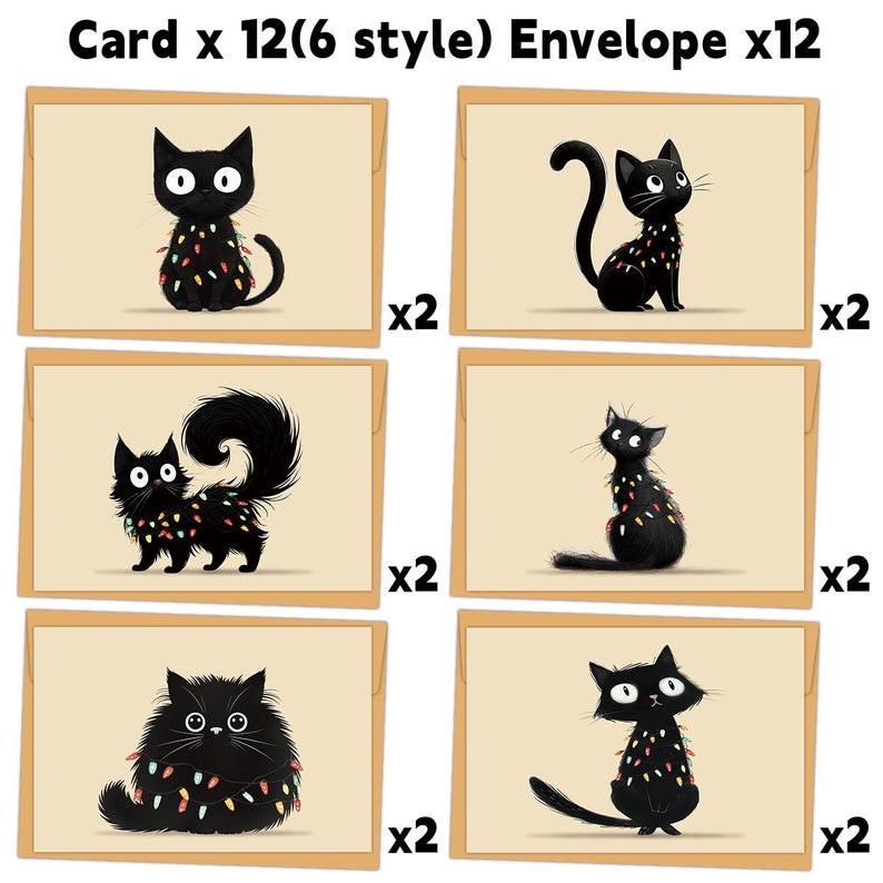 Black Cat Christmas Lights Card Set, Cozy Funny Feline Greeting Cards