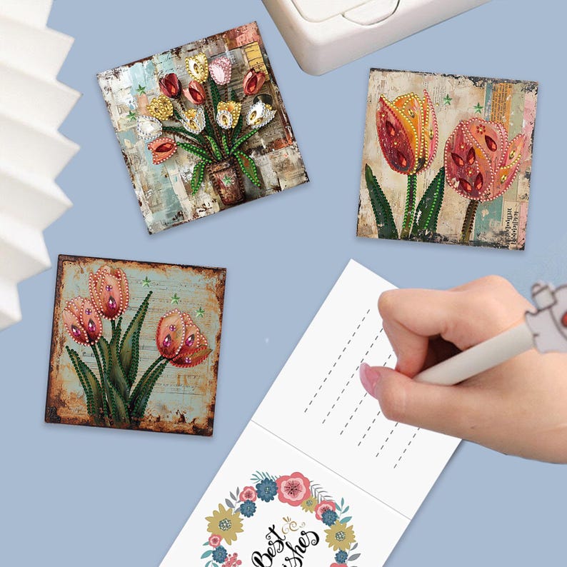 Diamond Painting Greeting Cards, Floral Tulips, Special Shape Drills (Set of 6)