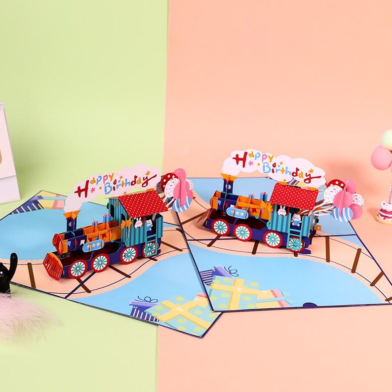 Birthday Pop Up Card Train Design Gift for Kids Party Decor