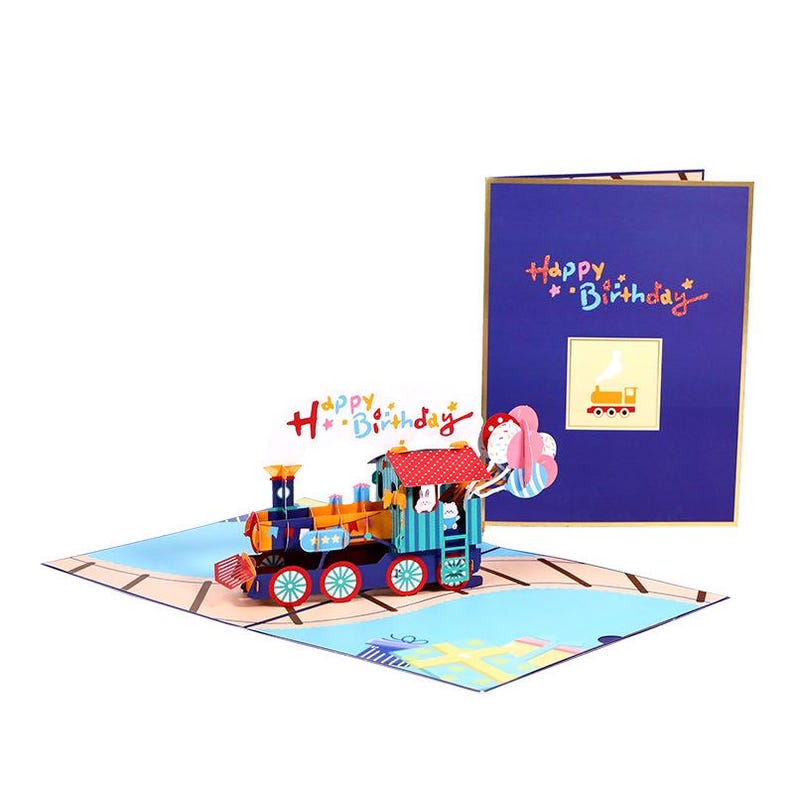 Birthday Pop Up Card Train Design Gift for Kids Party Decor