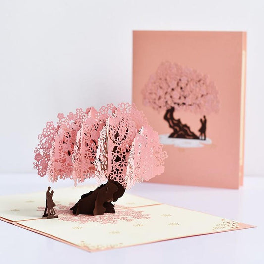 Cherry Blossom Pop Up Card, Romantic Sakura Couple Scene, Anniversary Love Note Paper Greeting