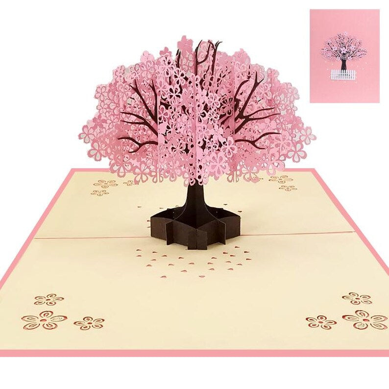 Cherry Blossom Pop Up Card, Romantic Sakura Couple Scene, Anniversary Love Note Paper Greeting