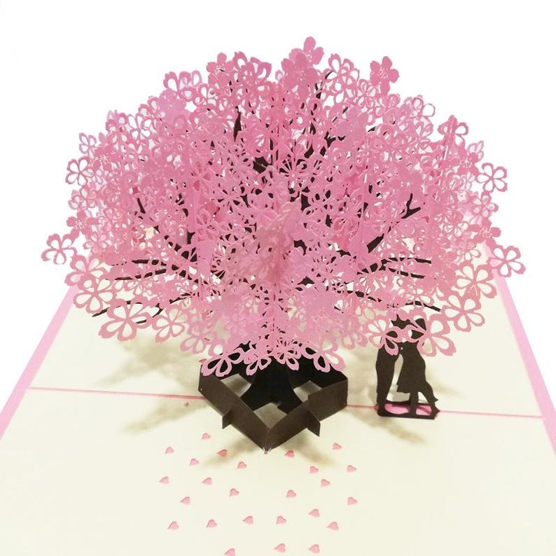 Cherry Blossom Pop Up Card, Romantic Sakura Couple Scene, Anniversary Love Note Paper Greeting