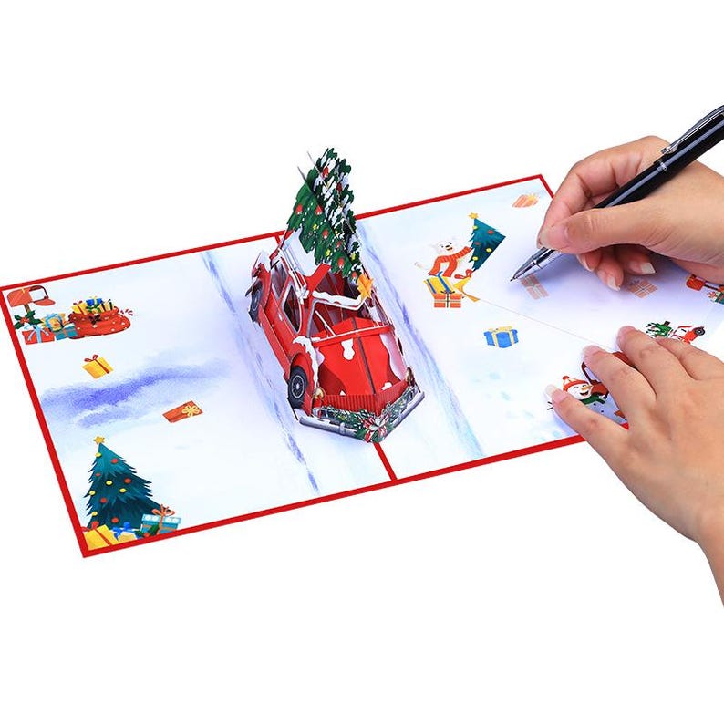 Christmas Car Pop Up Card: Festive Cozy Holiday Scene, Paper Cutting Greeting