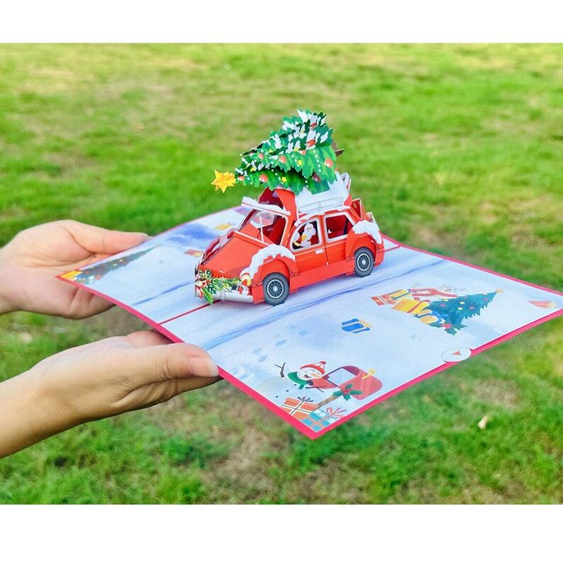 Christmas Car Pop Up Card: Festive Cozy Holiday Scene, Paper Cutting Greeting