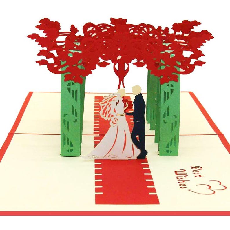 Romantic Wedding Pop Up Card: 3D Paper Carving Scene, Keepsake Greeting (7×13 in)