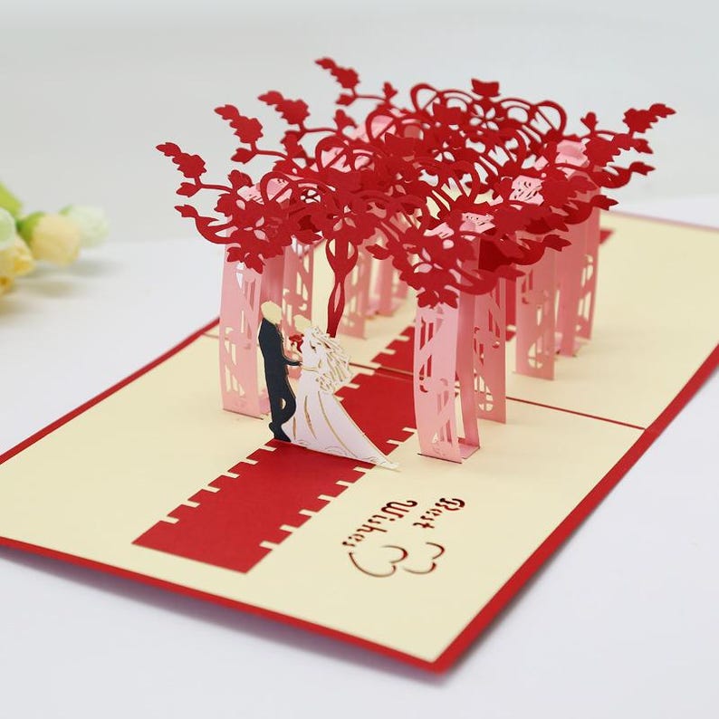 Romantic Wedding Pop Up Card: 3D Paper Carving Scene, Keepsake Greeting (7×13 in)