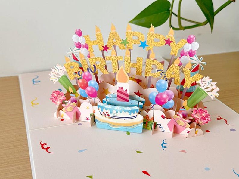 3D Birthday Pop Up Card: Festive Cake, Balloons, Gifts – Keepsake Decor